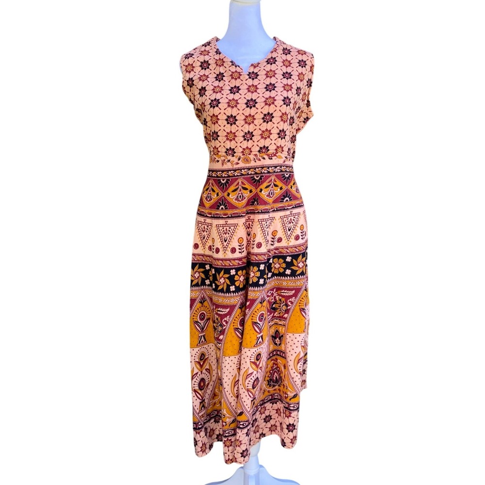 Vintage Cotton Floral Block Print Midi Dress XXL India Boho Hippie Ethnic Summer